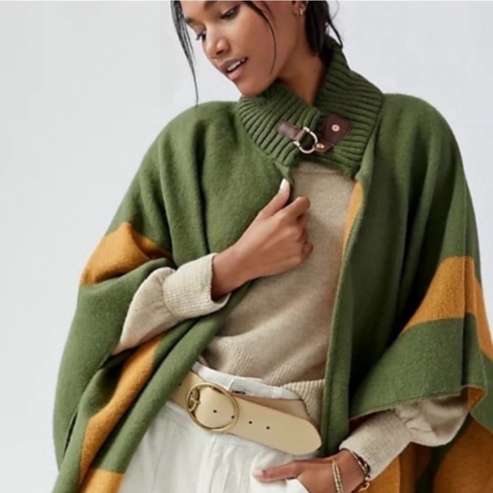 Anthropologie Olive Green and Brown striped cape with buckle collar